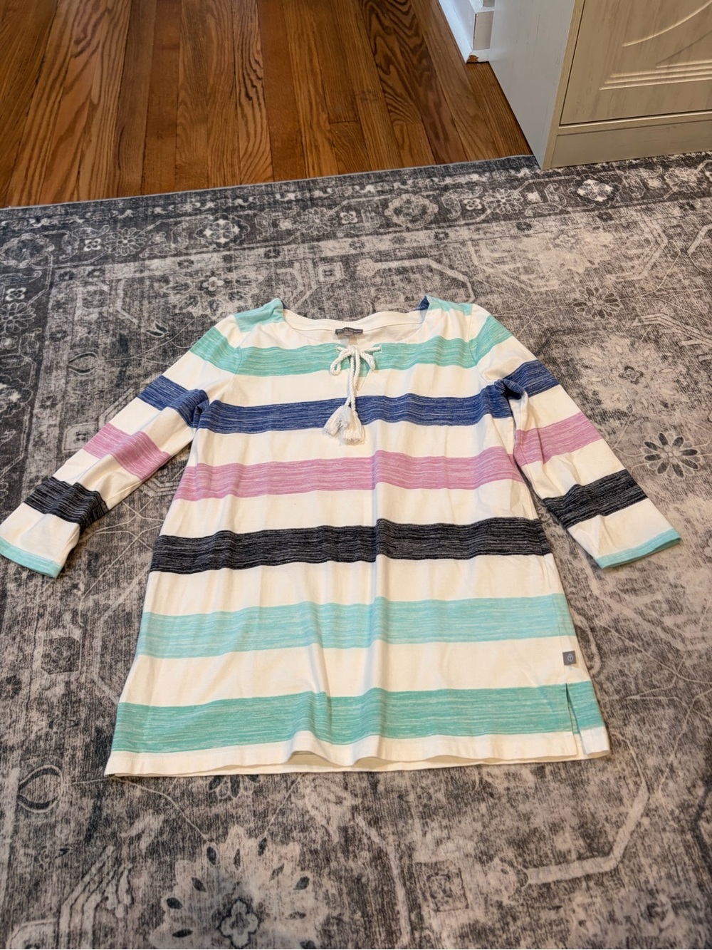 Talbots Striped Tie-Neck Tunic - White, Mint, Blue, Pink & Black